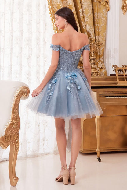Off Shoulder Short Tulle Prom Dress - The Dress Outlet Smoky Blue