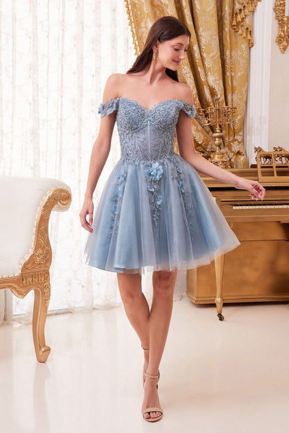 Off Shoulder Short Tulle Prom Dress - The Dress Outlet Smoky Blue