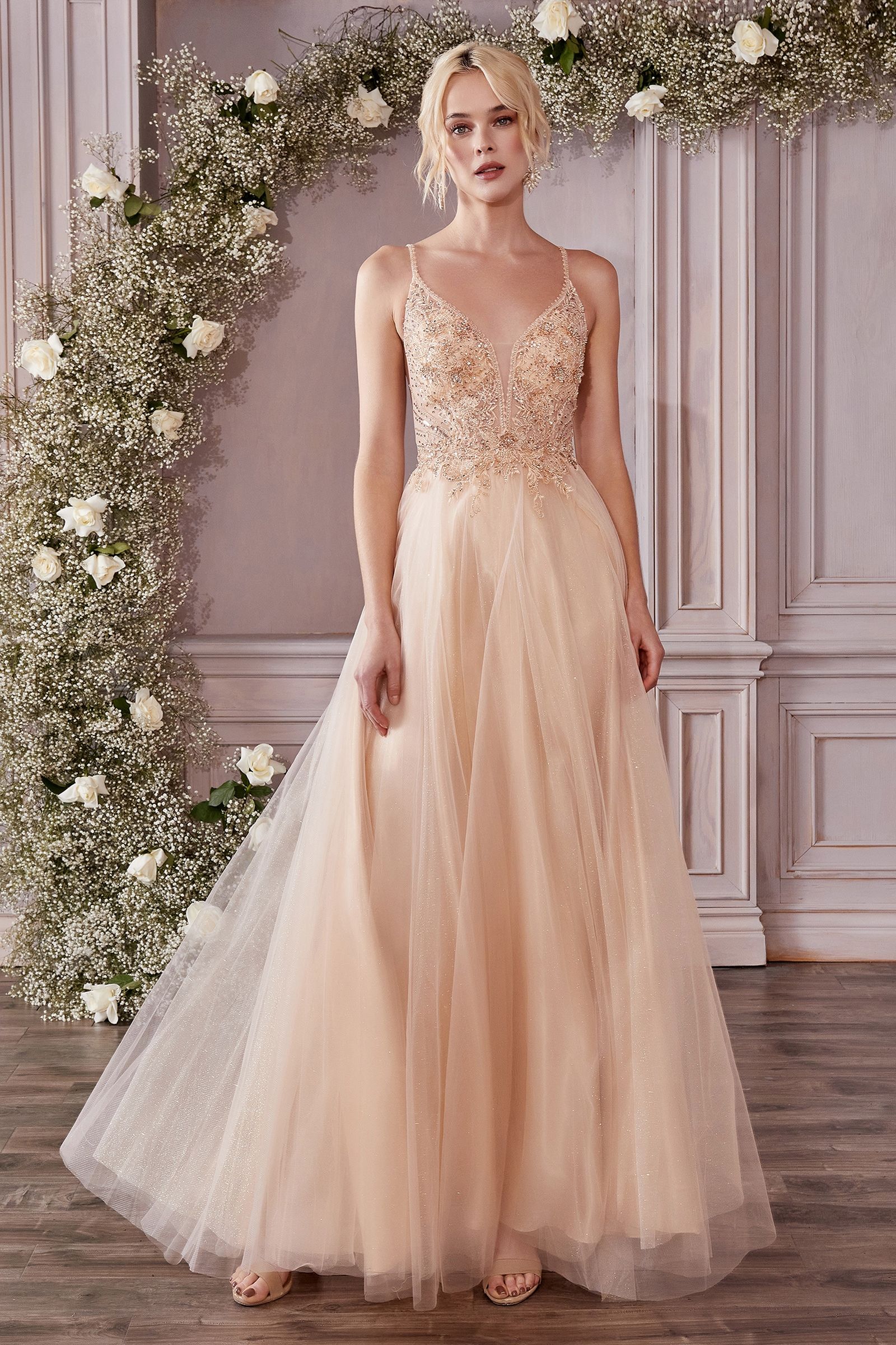 V-Neck Floor-Length Tulle Occasion A-Line LaDivine 0195