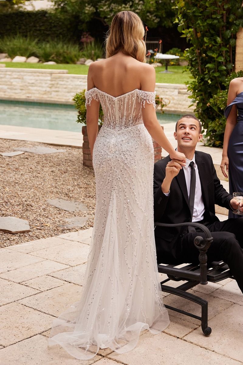 LaDivine CD0203W Long Fitted Sequin Slit Wedding Dress