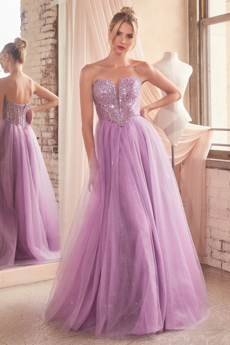 LaDivine CD0217 Long Strapless A Line Sequin Glitter Tulle Skirt Dress