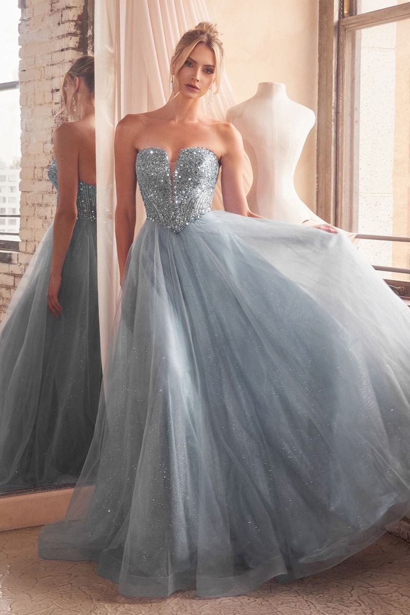 LaDivine CD0217 Long Strapless A Line Sequin Glitter Tulle Skirt Dress