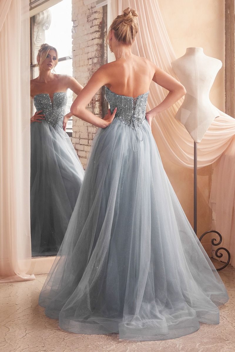 LaDivine CD0217 Long Strapless A Line Sequin Glitter Tulle Skirt Dress