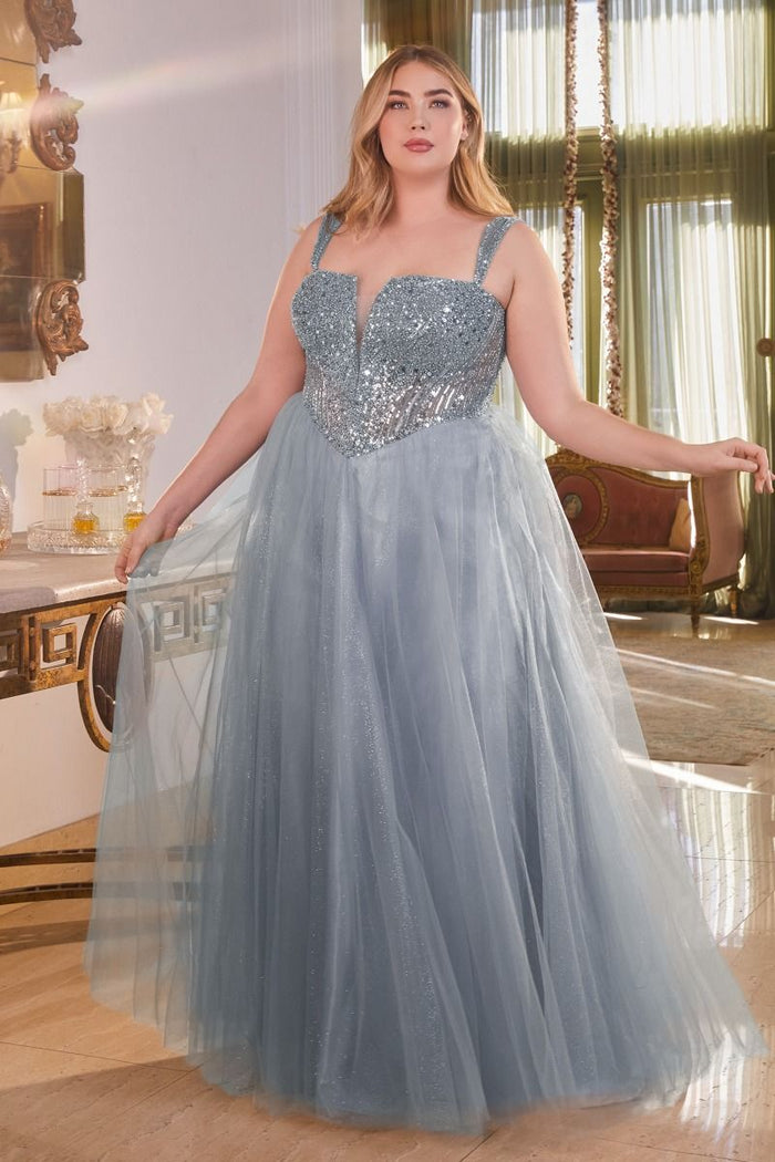 Plus Size Dresses Long Formal Plus Size Sequin Prom Gown Smoky Blue