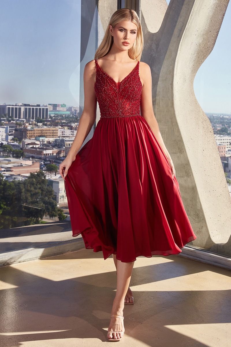 LaDivine CD0225 Beaded A Line Tea Length Cocktail Dress