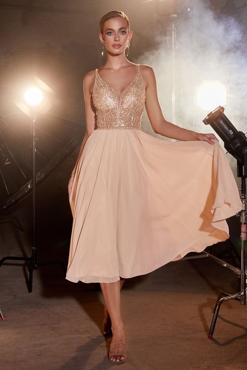 LaDivine CD0225 Beaded A Line Tea Length Cocktail Dress