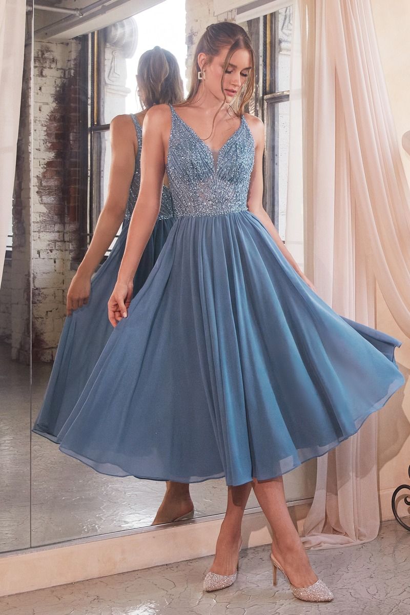 LaDivine CD0225 Beaded A Line Tea Length Cocktail Dress