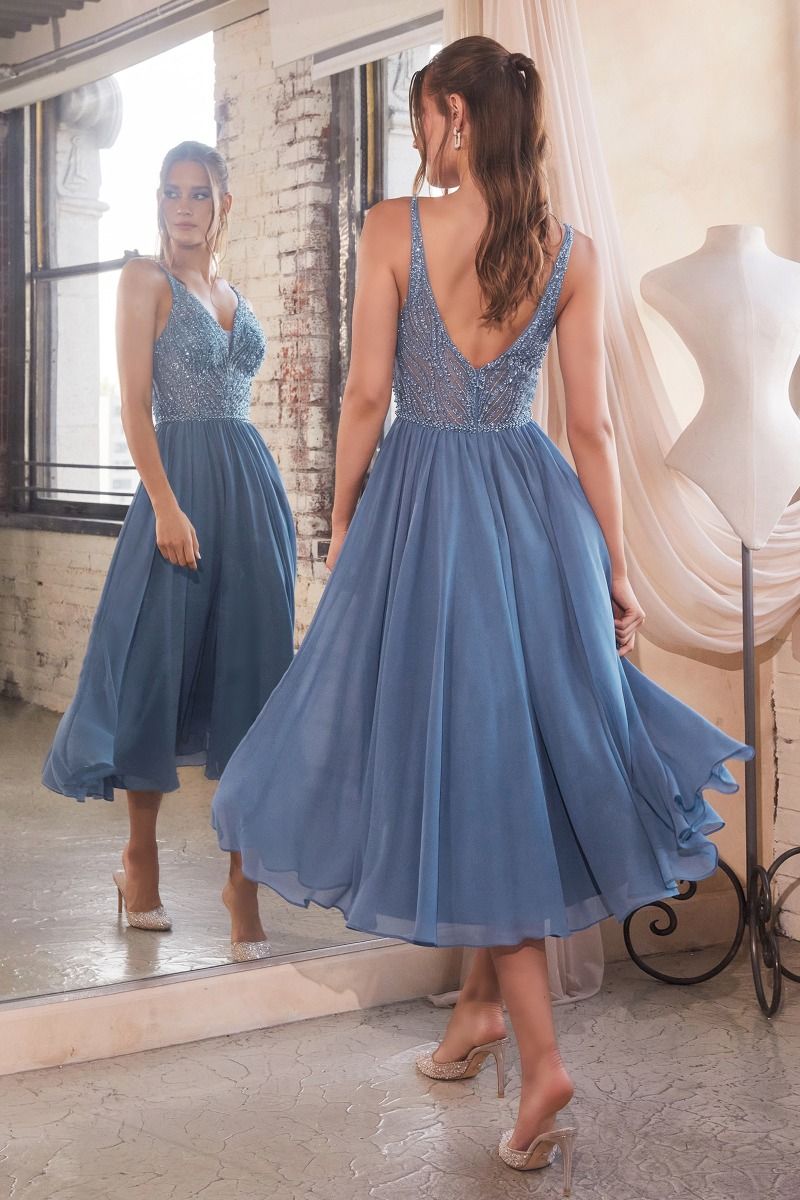 LaDivine CD0225 Beaded A Line Tea Length Cocktail Dress