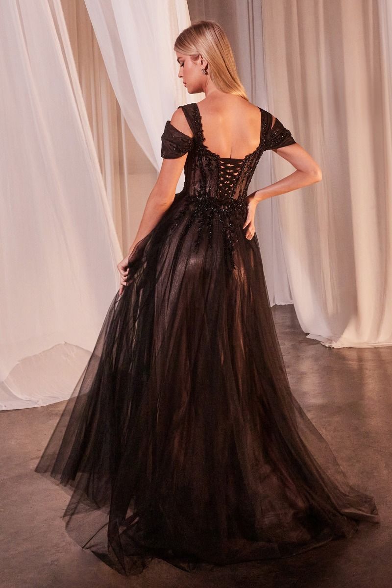 LaDivine CD0237 Long Formal A Line Applique Corset Dress