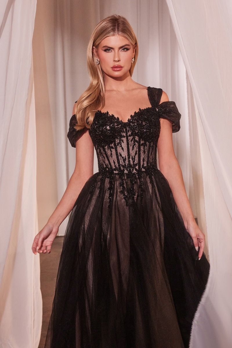 LaDivine CD0237 Long Formal A Line Applique Corset Dress