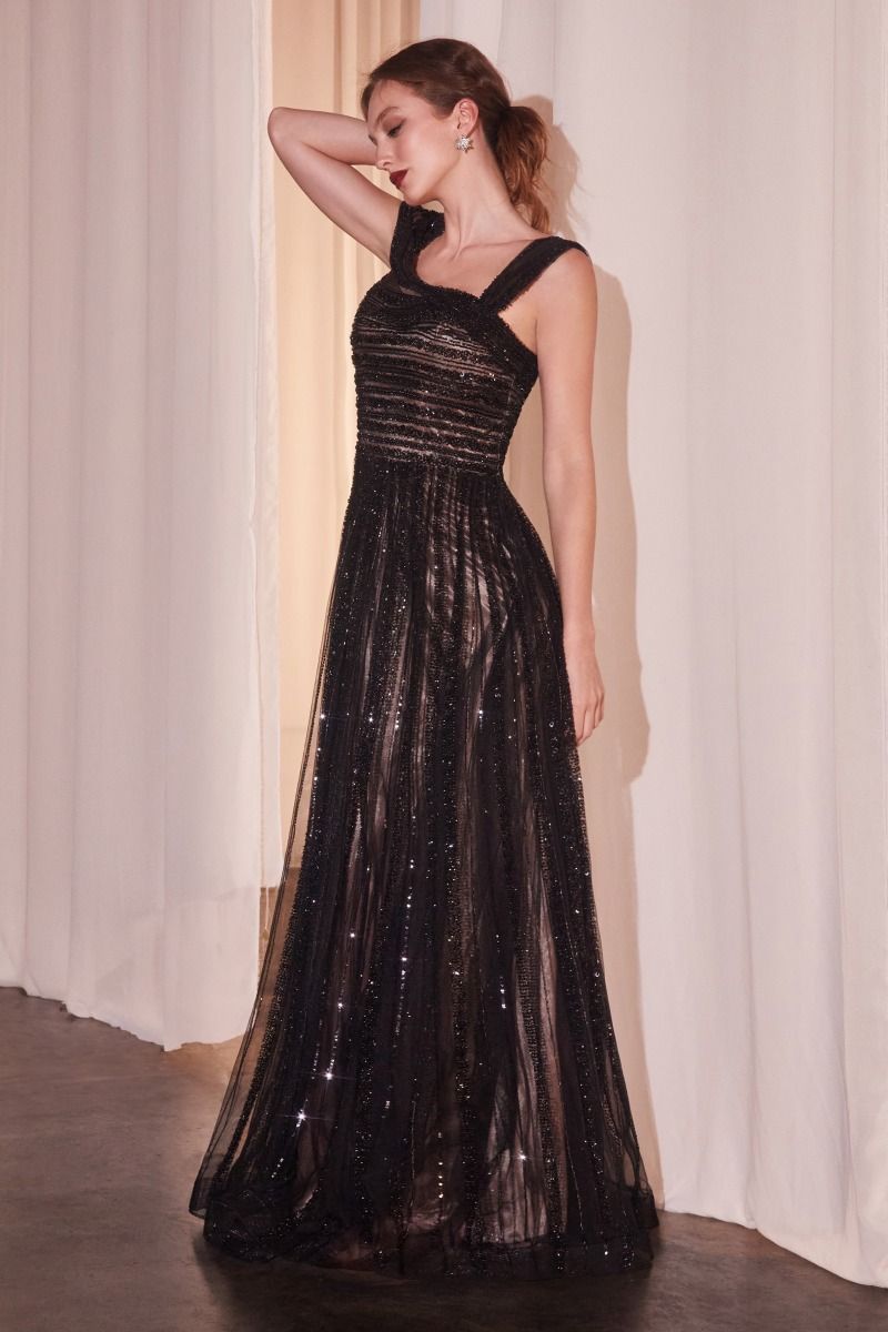 Ladivine CD0238 Fully Embellished Soft A-Line Gown with Cap Sleeves Silver-Nude / 18