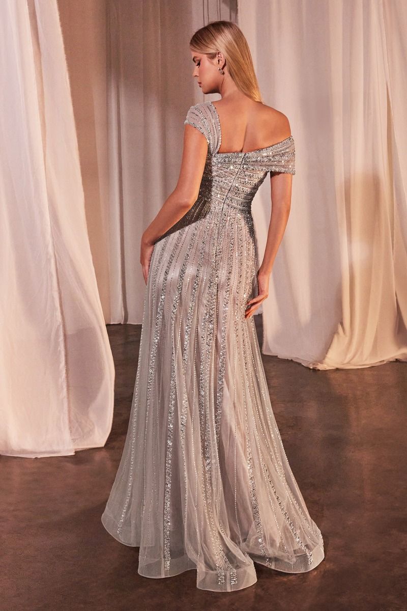Ladivine CD0238 Fully Embellished Soft A-Line Gown with Cap Sleeves Silver-Nude / 18