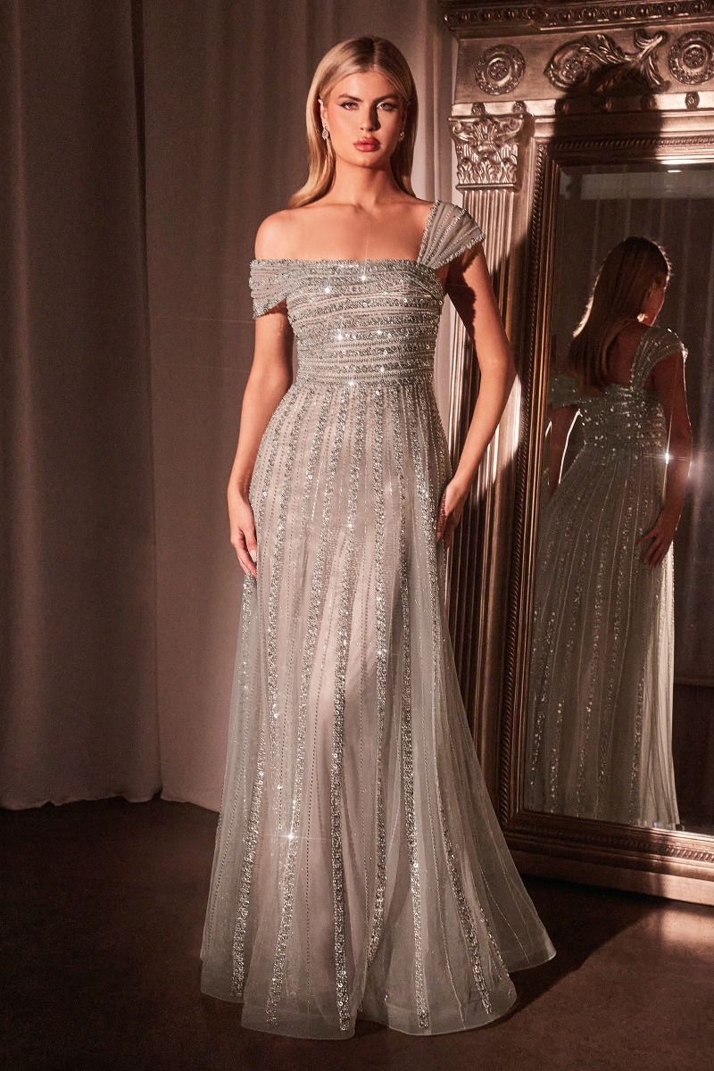 Ladivine CD0238 Fully Embellished Soft A-Line Gown with Cap Sleeves Silver-Nude / 18 Ladivine CD0238 Fully Embellished Soft A-Line Gown with Cap Sleeves Silver-Nude / 18
