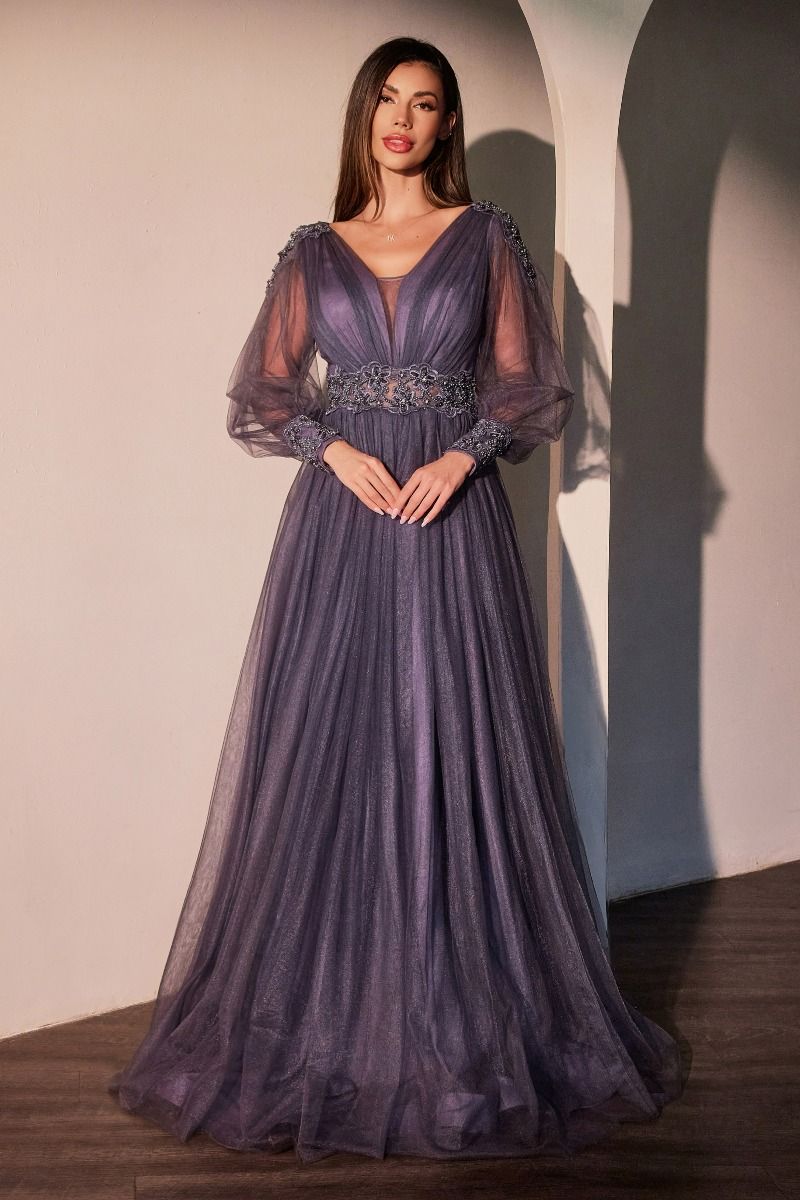 Ladivine CD0938 Long Sleeve A Line Dress, Purple / 12 Ladivine CD0938 Long Sleeve A Line Dress, Purple / 12