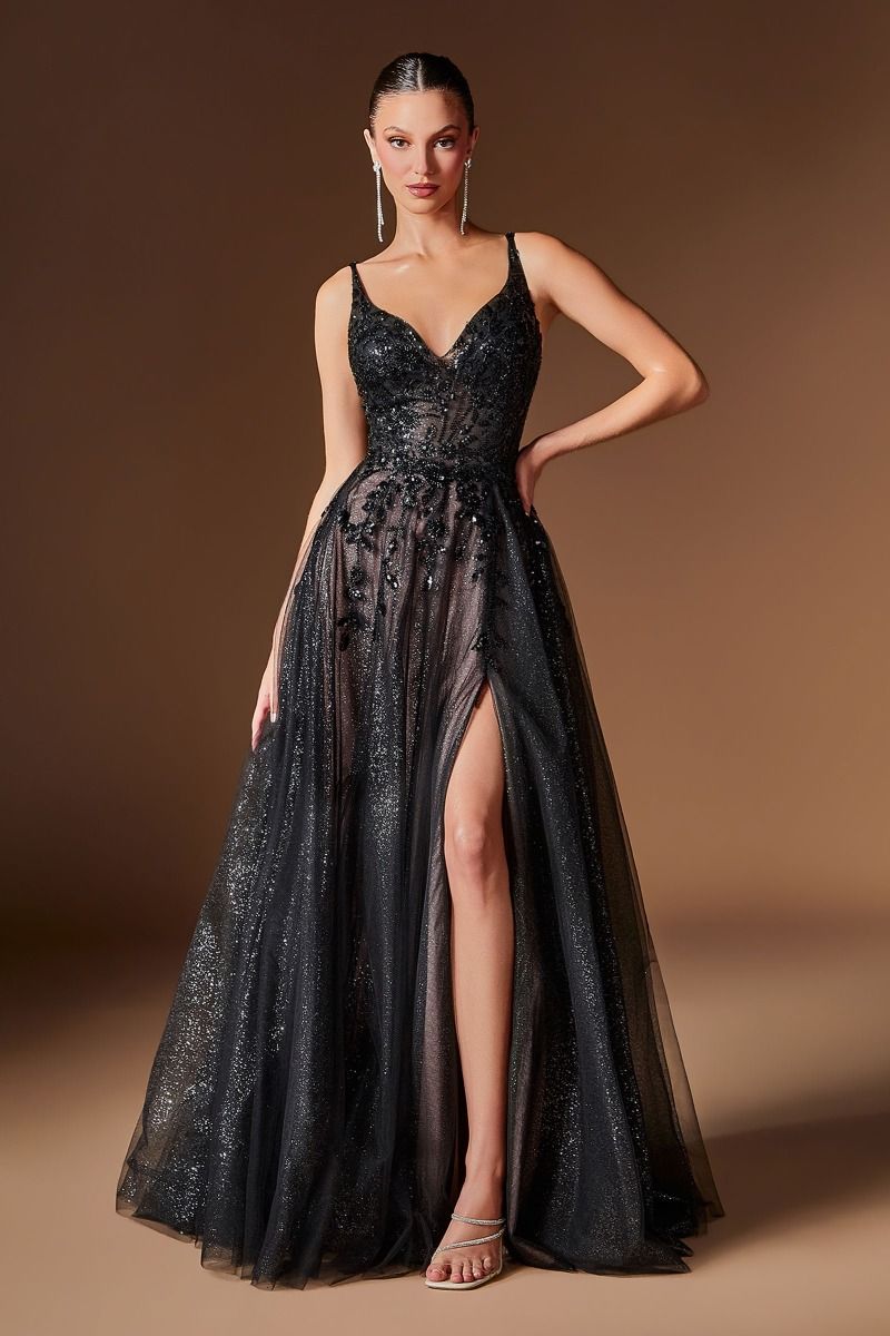 V-Neck Floor-Length Tulle Prom A-Line LaDivine 2412