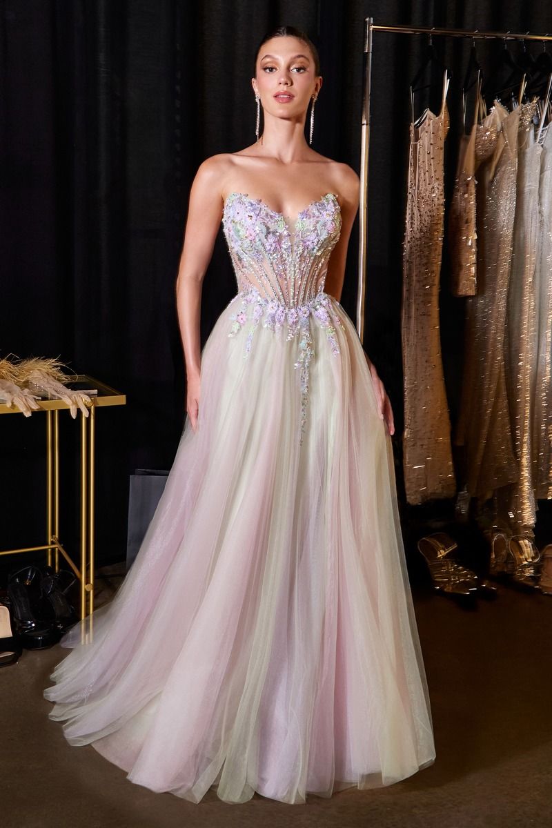Strapless Curved Neck Floor-Length Tulle Prom A-Line LaDivine 2418