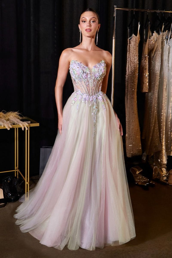 Strapless Curved Neck Floor-Length Tulle Prom A-Line LaDivine 2418