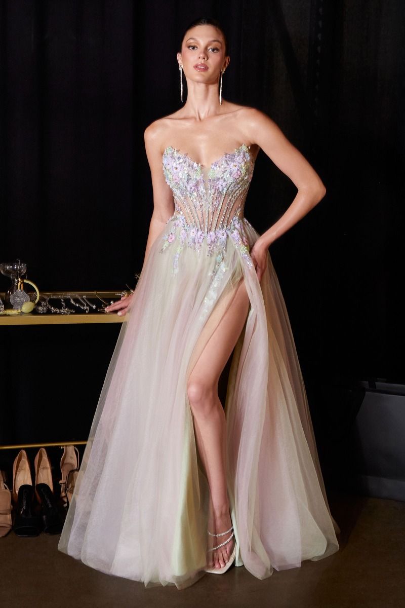 Strapless Curved Neck Floor-Length Tulle Prom A-Line LaDivine 2418