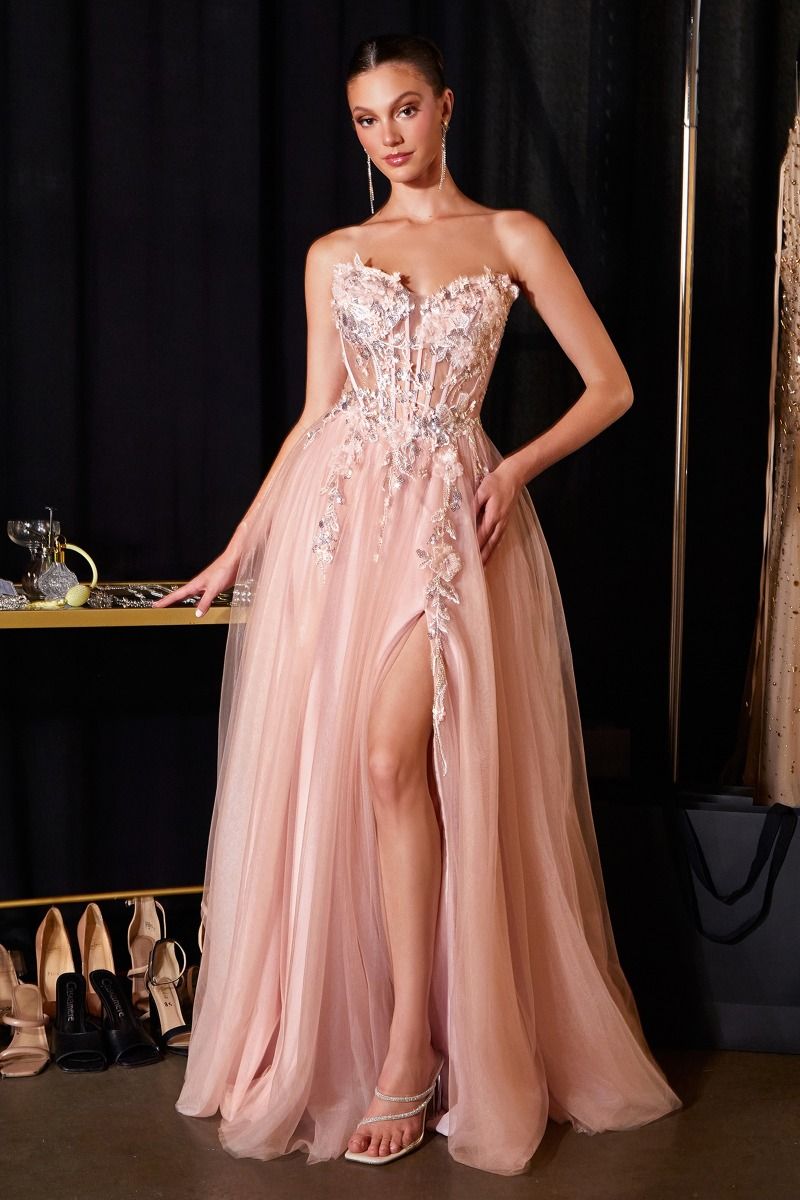 Strapless Curved Neck Floor-Length Tulle Prom Ball Gown LaDivine 2426