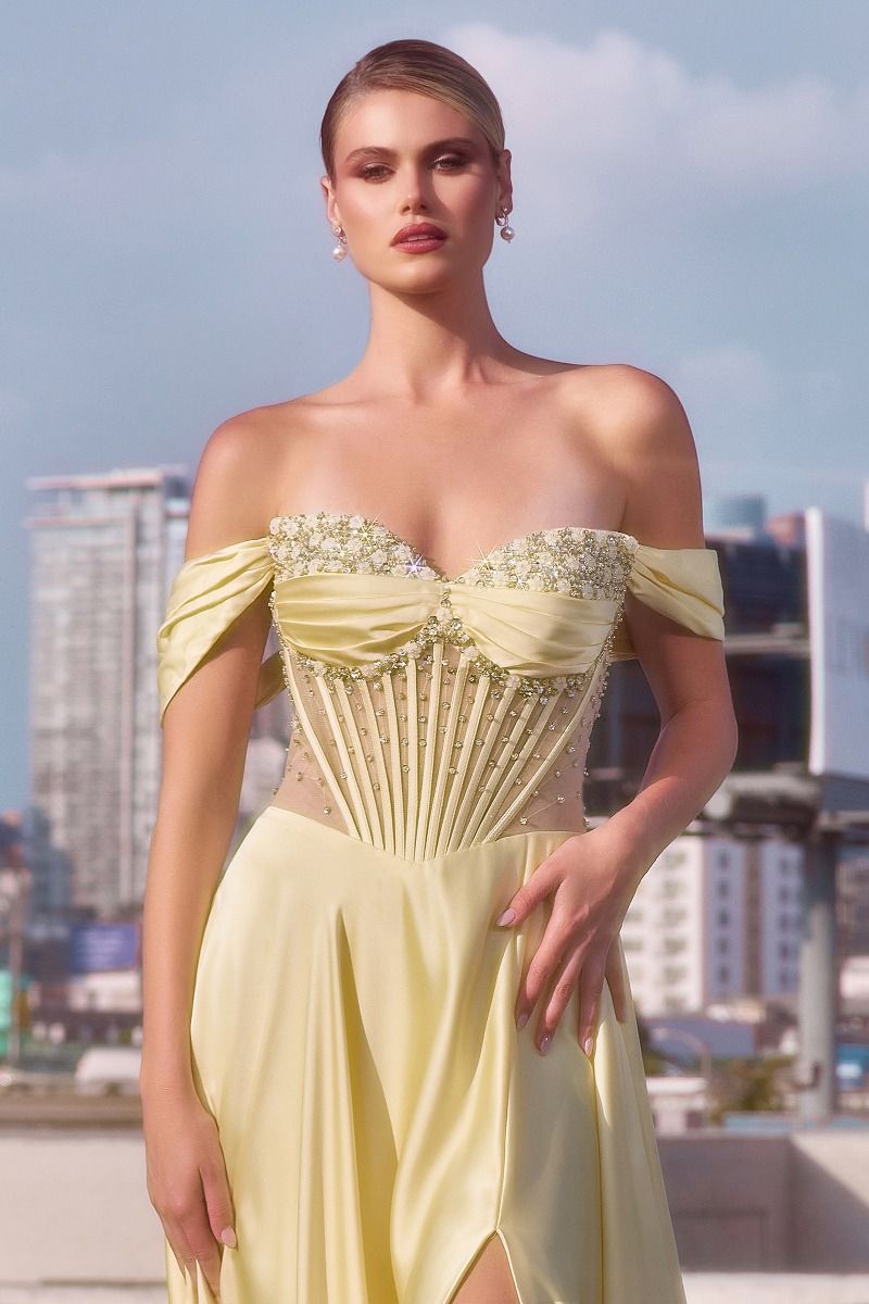 Prom Dresses Prom Long Corset Beaded A Line Formal Gown Light Yellow