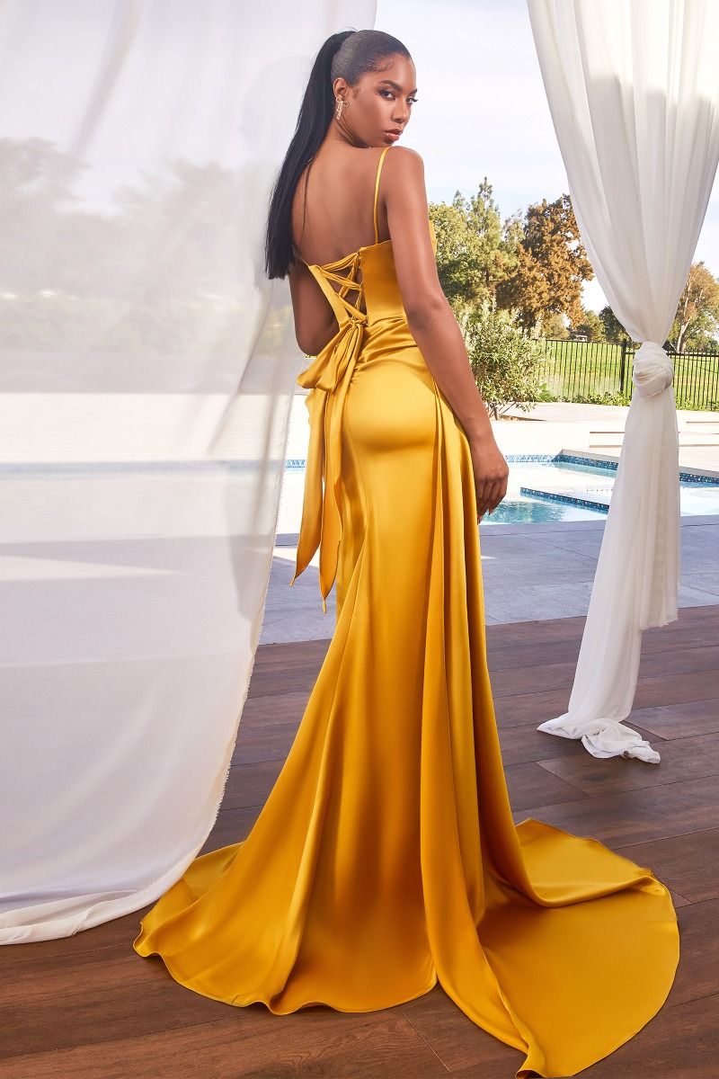 LaDivine CD340 Long Slit Pleated Formal Beaded Prom Dress