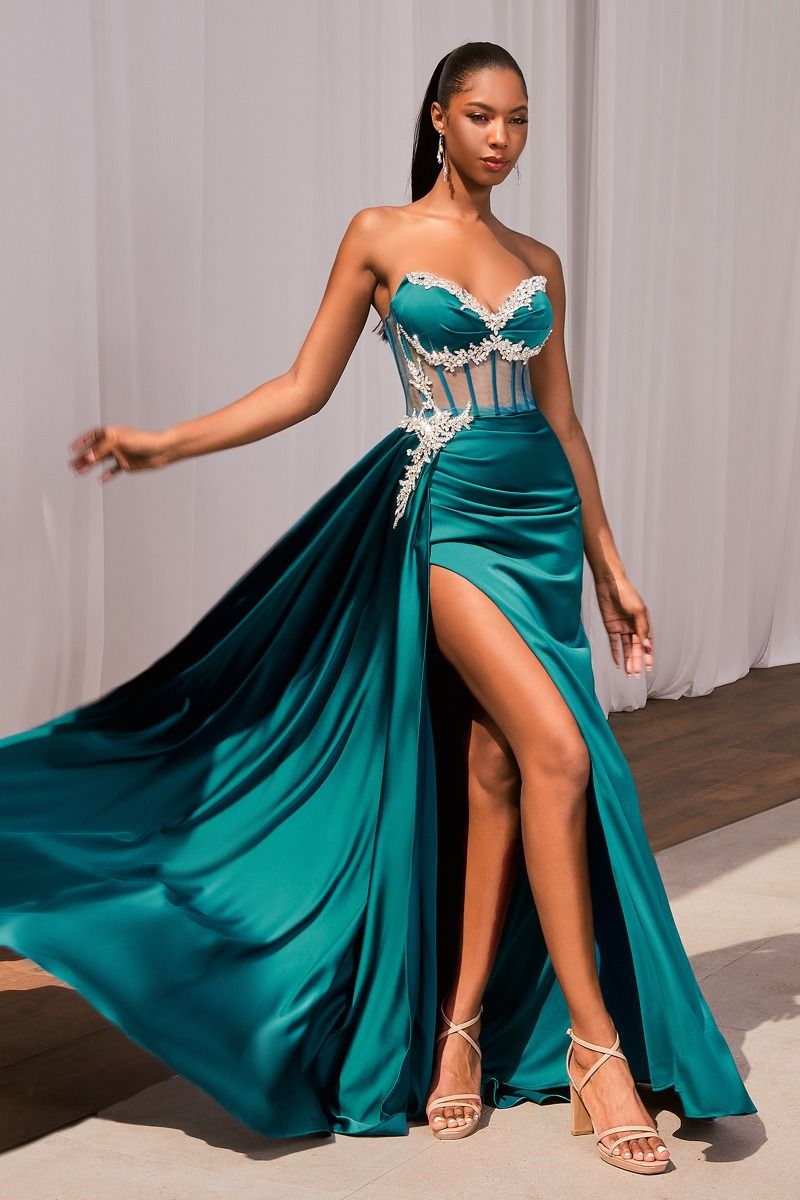 elegant corset dresses Elegant Long Black Corset Dress - Overbust Bustier & High Slit Long Skirt - Prom, Wedding Guest or Bridesmaid Dress
