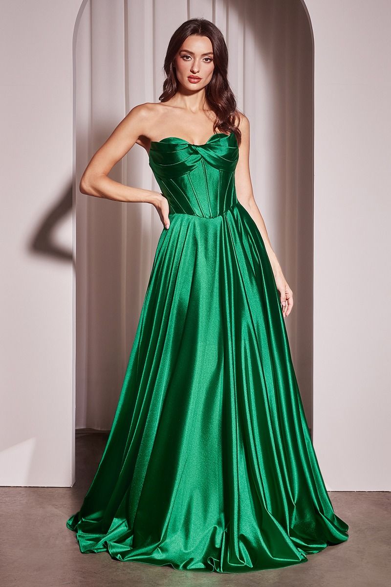 Ladivine CD378 Strapless Luxe Satin A-Line Corset Gown with Pockets Red / 6 Ladivine CD378 Strapless Luxe Satin A-Line Corset Gown with Pockets Red / 6