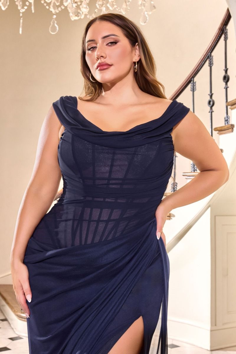 Plus Size Dresses Long Formal Prom Fitted Plus Size Dress LaDivine CD387C Navy