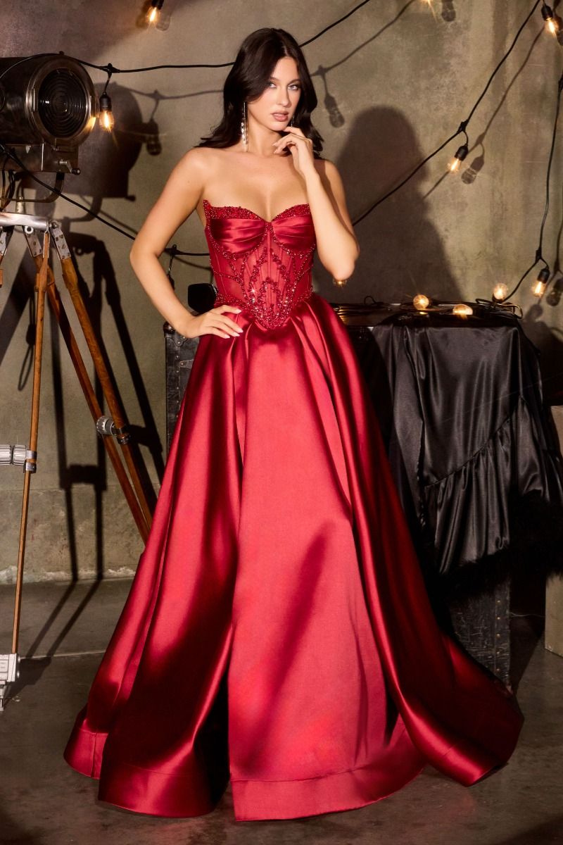 LaDivine CD389 Pleated Long A Line Formal Floral Beaded Applique