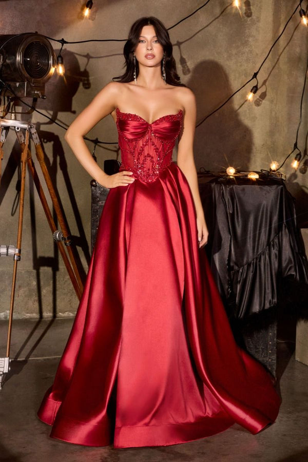 LaDivine CD389 Pleated Long A Line Formal Floral Beaded Applique Prom Dress