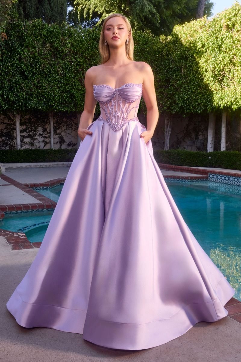 LaDivine CD389 Pleated Long A Line Formal Floral Beaded Applique Prom – The Dress Outlet