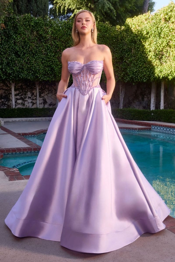 LaDivine CD389 Pleated Long A Line Formal Floral Beaded Applique Prom Dress