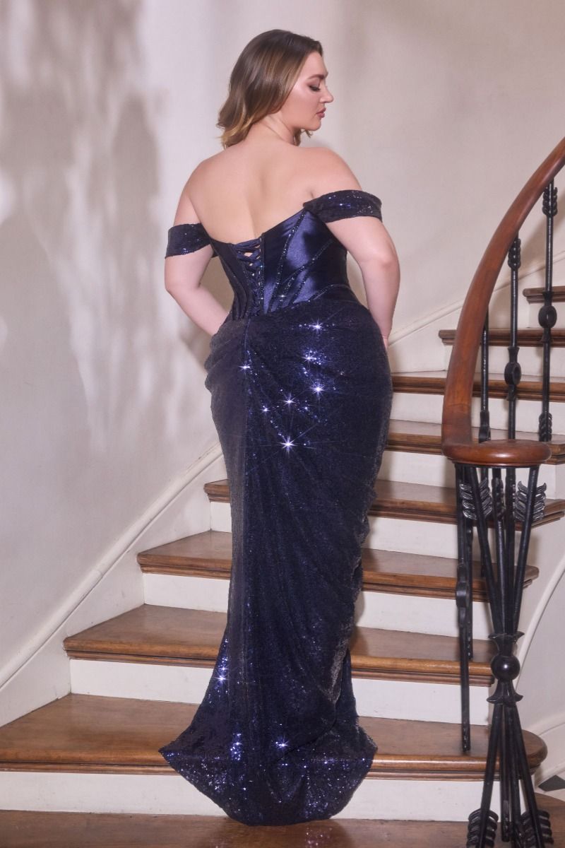 Plus Size Dresses Long Formal Sequin Fitted Prom Plus Size Dress LaDivine CD422C Navy