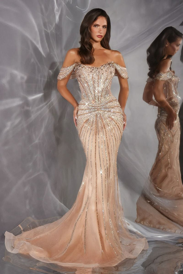 Off-the-Shoulder Floor-Length Sequin Prom Mermaid LaDivine 654