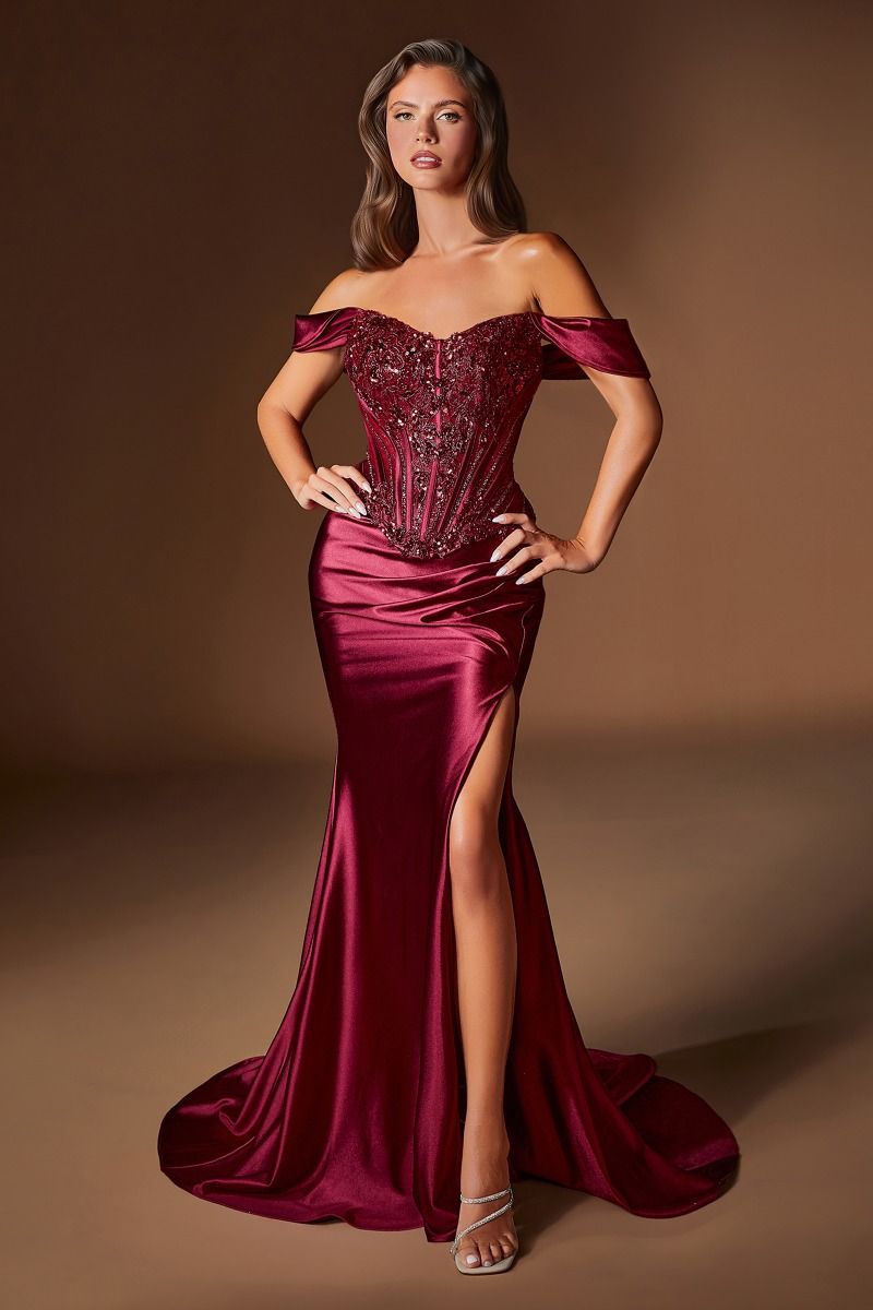 Off-the-Shoulder Floor-Length Satin Prom Mermaid LaDivine 656