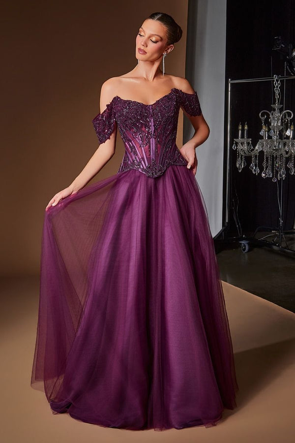 Off-the-Shoulder Floor-Length Tulle Formal Ball Gown LaDivine 657