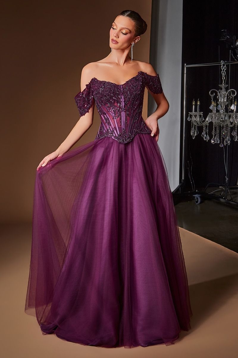 Off-the-Shoulder Floor-Length Tulle Formal Ball Gown LaDivine 657