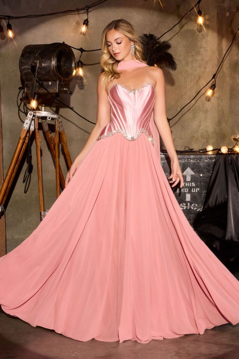 Strapless Curved Neck Floor-Length Chiffon Prom Ball Gown LaDivine 668