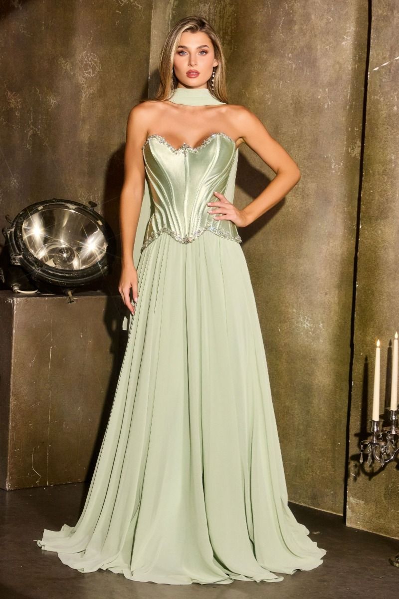 Strapless Curved Neck Floor-Length Chiffon Prom Ball Gown LaDivine 668