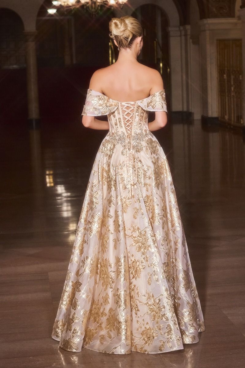 Ladivine CD682 Metallic Long Ball Gown Formal Prom Dress - Gold / 12 Ladivine CD682 Metallic Long Ball Gown Formal Prom Dress - Gold / 12