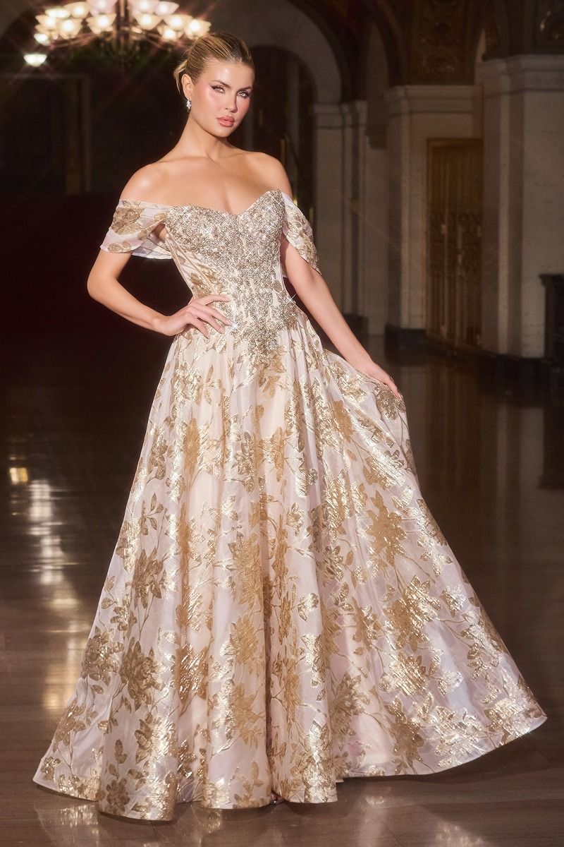 LaDivine CD682 Metallic Long Ball Gown Formal Prom Dress