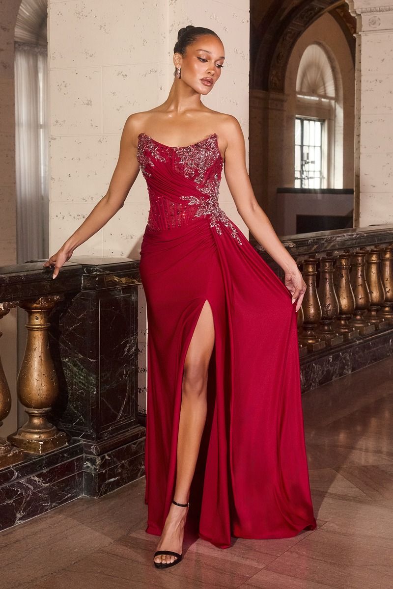 red beaded prom dress LaDivine CD689 Beaded Corset Long Formal Fitted Prom Dress