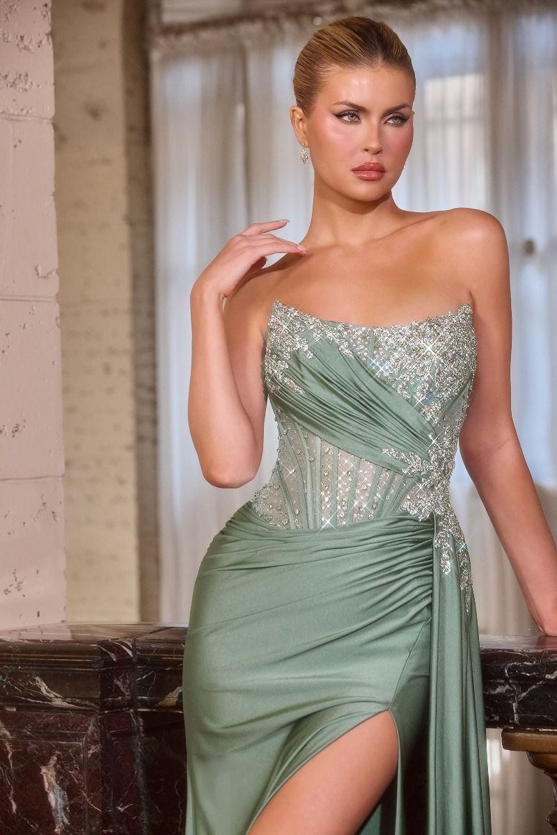 Beaded Satin Strapless Slit Gown by Ladivine CD689 Periwinkle / 14 Beaded Satin Strapless Slit Gown by Ladivine CD689 Periwinkle / 14