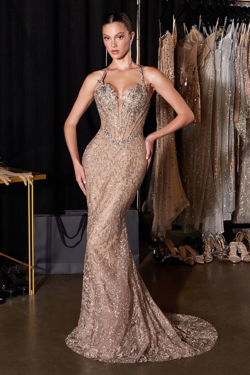 Prom Dresses Beaded Long Formal Mermaid Sequin Corse Prom Dress Mocha