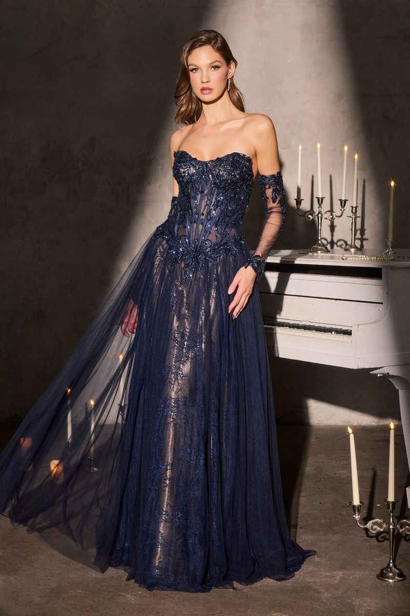 chinese dress ladies Long Sleeves Navy Blue Side Slit Modest V Neck Elegant Prom Dresses, E –  SposaBridal main image 1