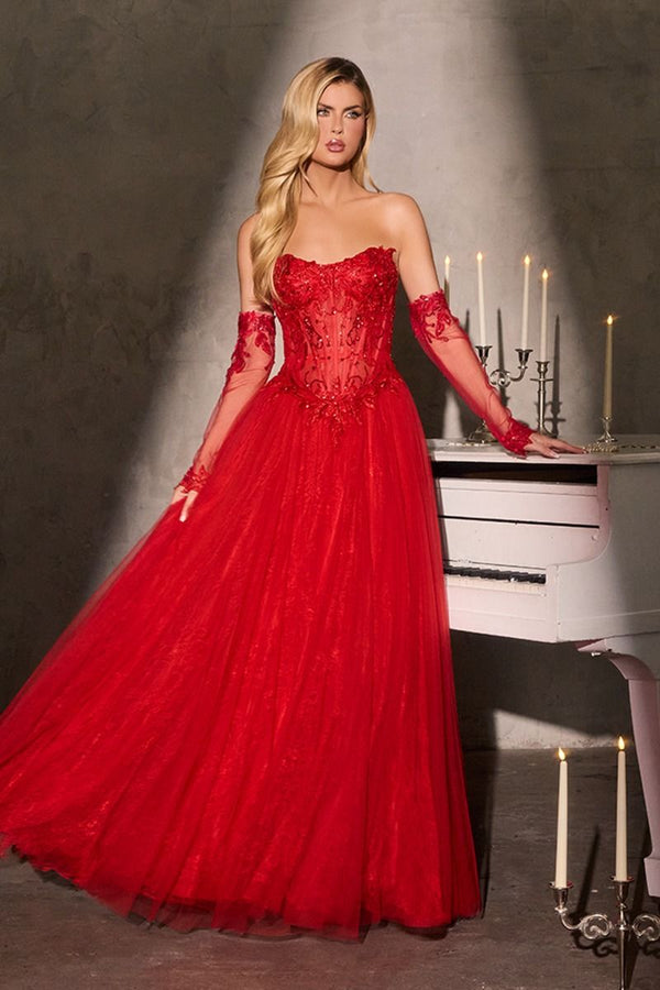 LaDivine CD717 Long Formal A Line Lace Applique Prom Gown
