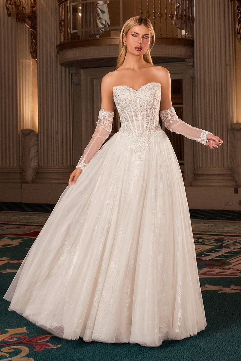 Off White Sweetheart Neck Floor-Length Lace and Tulle Bridal Wedding Ball Gown with Detachable Sleeves LaDivine CD717W