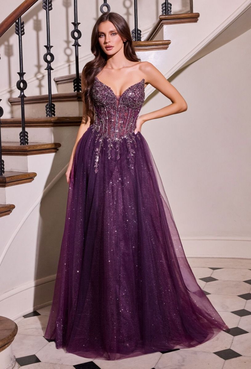 LaDivine CD721 Long Formal A Line Corset Sequin Prom Dress