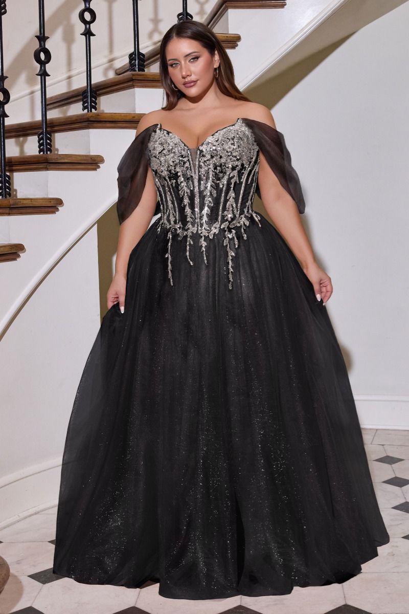 Ladivine CD721C Embellished Corset Gown with Glitter A-Line Skirt Navy / 22 Ladivine CD721C Embellished Corset Gown with Glitter A-Line Skirt Navy / 22
