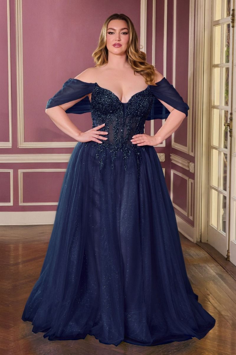 Ladivine CD721C Embellished Corset Gown with Glitter A-Line Skirt Navy / 22 Ladivine CD721C Embellished Corset Gown with Glitter A-Line Skirt Navy / 22
